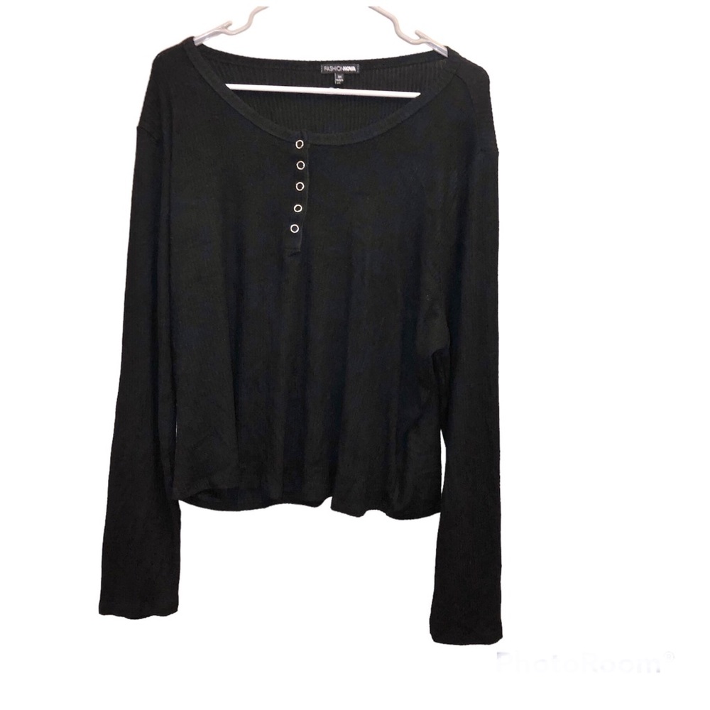 Fashion Nova Ribbed Henley Long Sleeve Shirt Black 3X‎